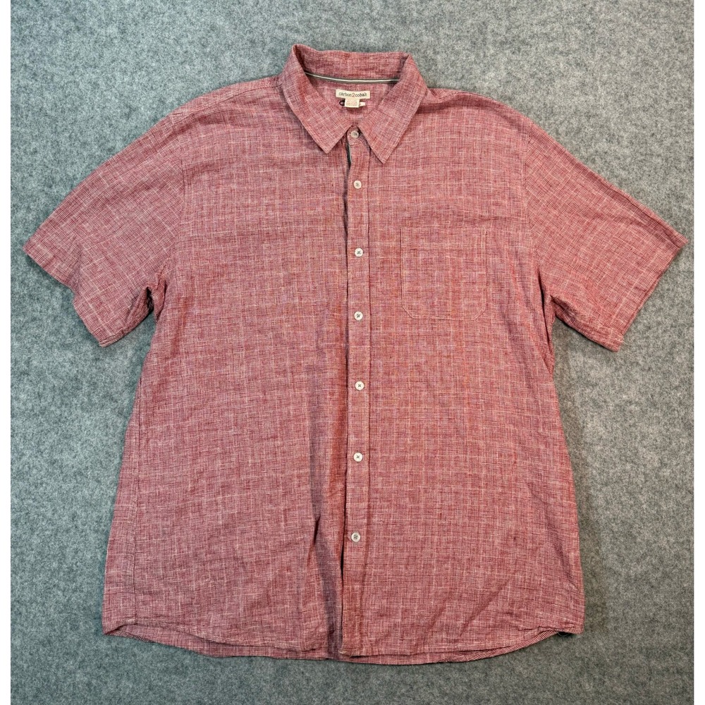 Carbon2Cobalt Mens Large Red Linen Cotton Short Sleeve Button Up Shirt Grid L - Picture 2 of 6